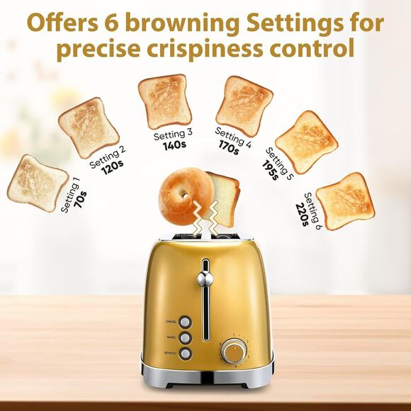 Gold 2 Slice Toaster, Wide Slot Stainless Steel, 6 Shade Settings, Bagel, Defros - Picture 7 of 7